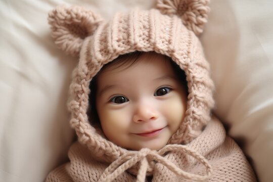  newborn baby with a beige knitted hat.