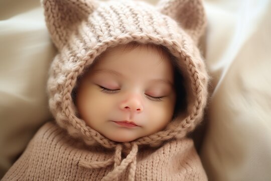  newborn baby with a beige knitted hat.