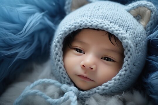  newborn baby with a blue knitted hat.
