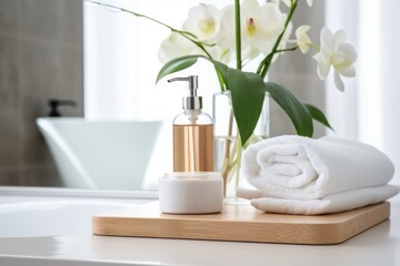 Bathroom sink table with hygiene accessories - obrazy, fototapety, plakaty