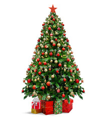 Decorated Christmas tree with presents for new year isolated on white