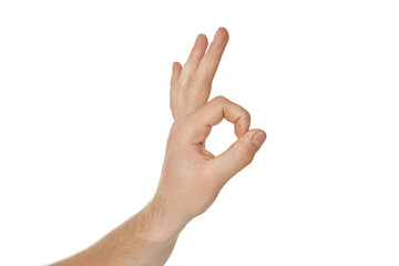 male hand showing Ok gesture isolated on white background