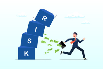 Businessman investor run away from risk collapsing box, risk averse, avoid or minimise risk, run away from uncertainty, fear or safety decision for investment, prefer security or stability (Vector) - obrazy, fototapety, plakaty