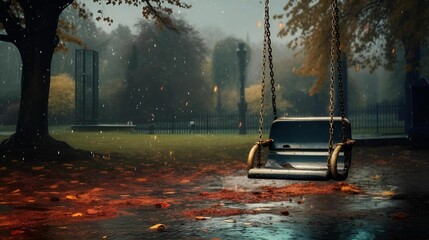 AI generated illustration of a swing alone in a grassy meadow, with trees in the backdrop