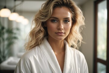 A close-up shot of a beautiful charming European woman with long wavy hair wearing a white robe and standing in a spa room. Youth, beauty, cosmetics, care concepts.