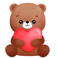 A brown bear sits and hugs a red heart.