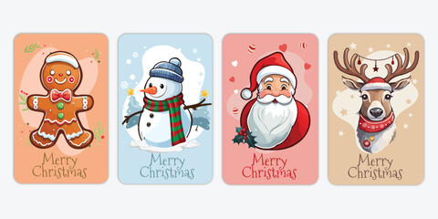 Cute Cartoon Christmas Card Set Vector Illustration