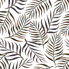 Fototapeta na wymiar Seamless pattern with palm leaves on a white background. Colorful pencil drawing. Design wallpaper, fabrics, wrapping paper, backdrop.