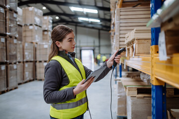 Female warehouse worker holding scanner, scanning the barcodes on products in warehouse. Warehouse...