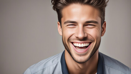 Obraz premium A professional portrait studio photo of a handsome young white american male model with perfect clean teeth laughing and smiling. isolated on a white background.