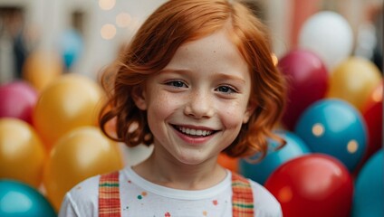 Fototapeta na wymiar Little girl about 7 years old. Red hair. Laughing happy face, joy. Holiday in the background, balloons and decorations. The concept of a birthday, a holiday.