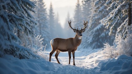 A fabulous daytime forest covered with snow. A beautiful deer in the background. A snow-covered trail, pines, firs, snowdrifts. Predominantly white, blue colors. Winter background. Natural landscape.