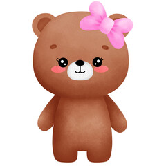 A brown female bear with a pink ribbon on her head 
