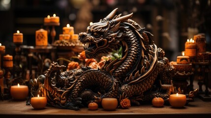 Dragon, wooden, bronze sculpture on the festive table next to candles and New Year's toys, a symbol...