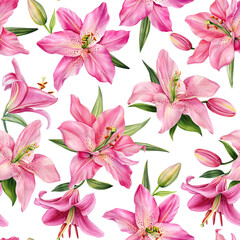 Seamless pattern lilies pink flower on isolated background, Hand drawn Lily flora. Flowers watercolor illustration
