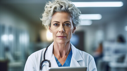 Portrait of mature female doctor who has her own practice. Physician or cardiologist in white lab coat uniform standing in modern office. - obrazy, fototapety, plakaty