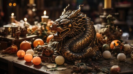 Fototapeta premium Dragon, wooden, bronze sculpture on the festive table next to candles and New Year's toys, a symbol of 2024 according to the eastern horoscope.