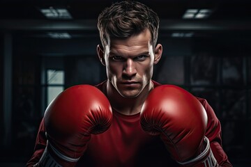 Fototapeta na wymiar Courageous male boxer in red gloves on a dark background. Close-up portrait of a strong fighter ready for battle.