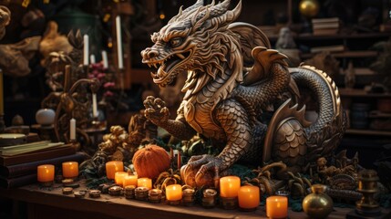 Dragon, wooden, bronze sculpture on the festive table next to candles and New Year's toys, a symbol of 2024 according to the eastern horoscope.
