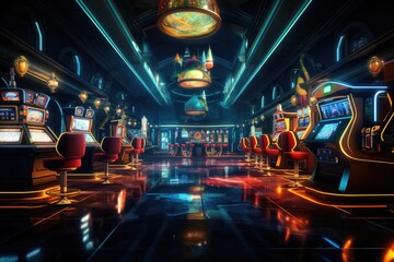 The interior of a large casino hall with slot machines and roulette and poker tables is illuminated with cozy neon lights.