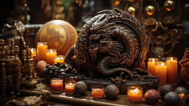 Dragon, wooden, bronze sculpture on the festive table next to candles and New Year's toys, a symbol of 2024 according to the eastern horoscope.