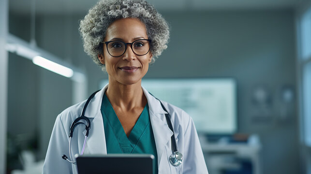 Confident Middle Aged Female Physician Standing In Medical Office. Experienced Professional Woman Doctor Therapist Looking At Camera. General Practitioner Wearing White Coat And Stethoscope.