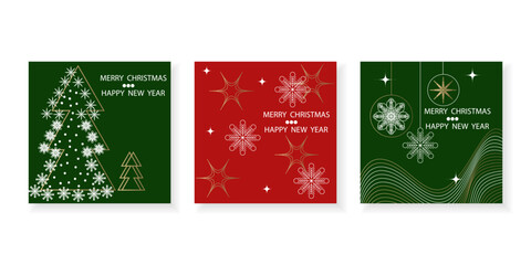 Christmas and New Year greeting card set. Elegant Christmas tree, pattern of snowflakes on red and green background.Vector design for covers, posters. Line art.