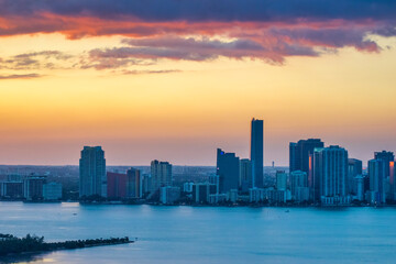 Sunset aerial view of Miami from helicopter, Florida