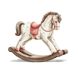 Watercolor vintage  cute Christmas toy rocking horse animal isolated on white background. Hand drawn illustration sketch © Mimomy
