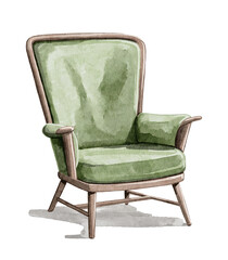 Watercolor vintage green cozy armchair  isolated on white background. Hand drawn illustration sketch