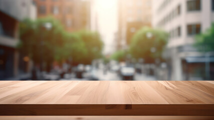 Wooden Tabletop with Potted Plant in Urban Setting
