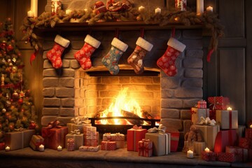 Christmas stockings for gifts hang on a burning fireplace in a cozy room decorated for the New Year celebration.