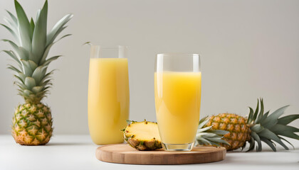 A glass of healthy pineapple juice on a white background. A pineapple for decoration.