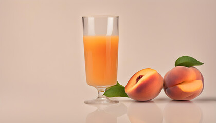 A glass of healthy peach juice on a white background. A peach for decoration