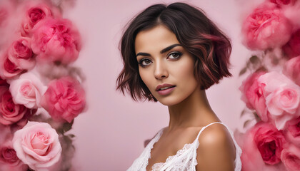 Portrait of a beautiful Moroccan woman with a short bob haircut, a white lace top, pink rouge and a background of roses