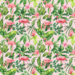 Flamingo bird pattern. Tropical plant in summer print. Watercolor tropical palm leaves, flowers, jungle seamless pattern