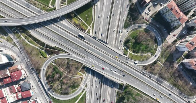 Aerial View Modern Multilevel Motorway Junction with Toll Highway, Road traffic an important infrastructure Transportation and travel concept