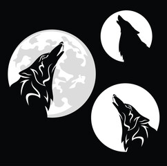howling wolf profile head and full moon white disk vector silhouette outline against black background