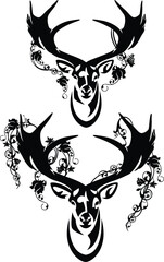 deer stag head with wild rose flowers and butterflies among antlers - wild forest animal spirit black and white vector portrait