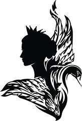 black vector silhouette head portrait of fairy tale princess with her magic swan bird