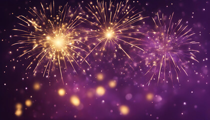 Gold and dark purple Fireworks and bokeh in New Year's Eve