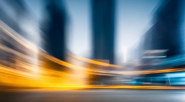 Blurry cityscape with skyscrapers in the background.