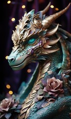 Fototapeta na wymiar The wooden green dragon is a symbol of 2024 according to the eastern horoscope. Fairytale mythical Chinese character decorated with gold and flowers.