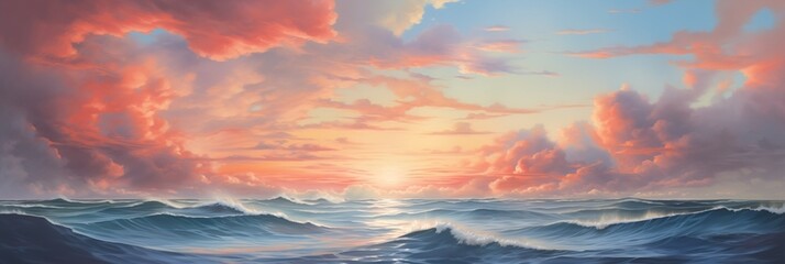 Naklejka premium idyllic golden hour sunset with colorful orange clouds far into the distant horizon and majestic open ocean waves - calming and tranquil scenic seascape - overwhelming sense of freedom and peace.