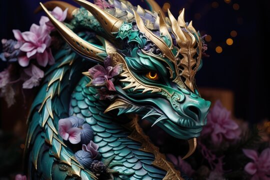 The wooden green dragon is a symbol of 2024 according to the eastern horoscope. Fairytale mythical Chinese character decorated with gold and flowers.