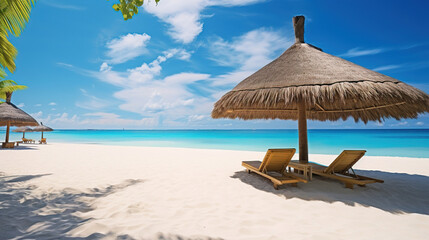 Naklejka premium Beach chairs and umbrellas on a sunny day. Generative Ai