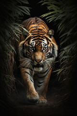 Fototapeta premium amazing tiger in the forest front view, Generative AI