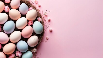 Naklejka na ściany i meble Easter eggs in a basket, on a soft pink background. The concept of Easter. AI Generated 
