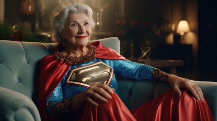 An elderly woman in a superhero costume in chair at home