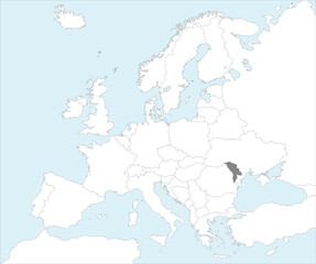 Obraz premium Gray CMYK national map of MOLDOVA inside detailed white blank political map of European continent on blue background using Mollweide projection